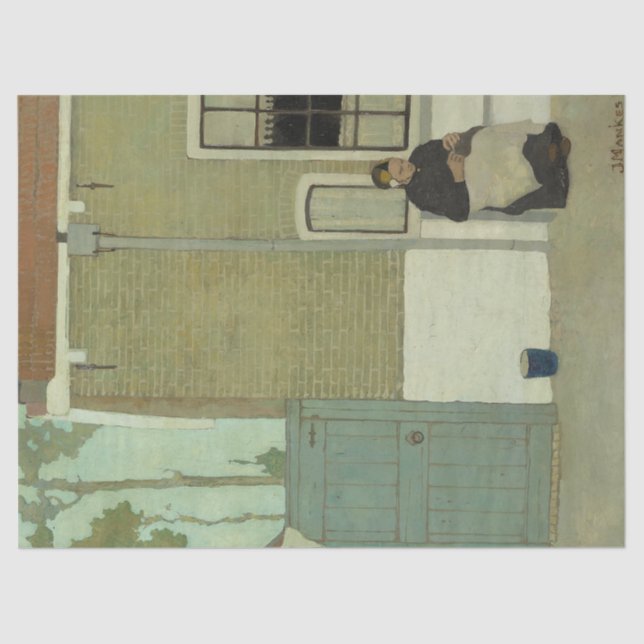 Alte niederländische Frau vor ihrem Haus Seidenpapier (Vorderseite)