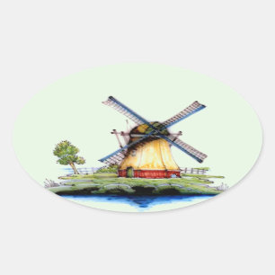 Alte niederländische Windmühle Ovaler Aufkleber