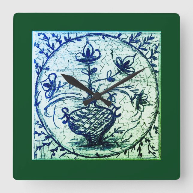 Alte norddeutsche Kachel, Vintage Keramik Quadratische Wanduhr (Vorderseite)