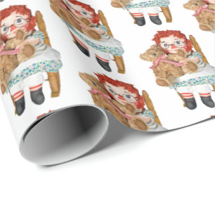 alte Puppe mit Teddybär Geschenkpapier