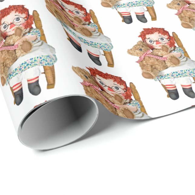 alte Puppe mit Teddybär Geschenkpapier (Rolleneckpunkt)