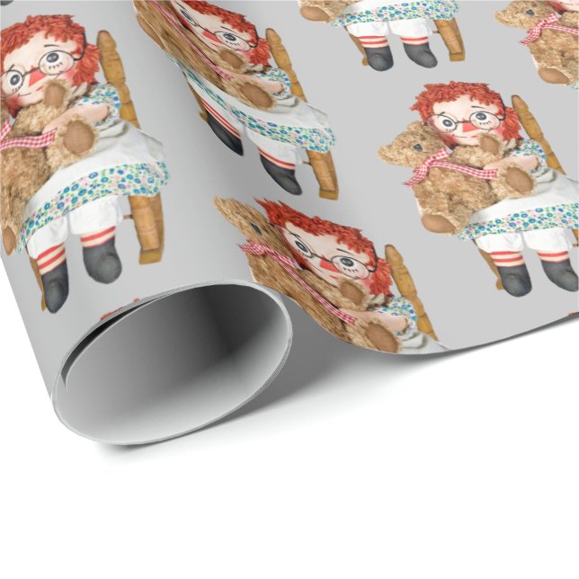 alte Puppe mit Teddybär Geschenkpapier (Rolleneckpunkt)