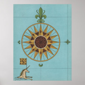 Alte Renaissance Windrose Einhorn Flagge drucken Poster