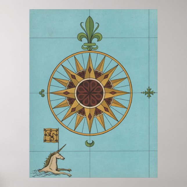 Alte Renaissance Windrose Einhorn Flagge drucken Poster (Vorne)