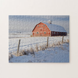 Alte rote Scheune im Winter Wunderland Puzzle