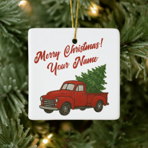 Alte rote Vintage-Pickup-Truck mit Weihnachtsbaum Keramikornament