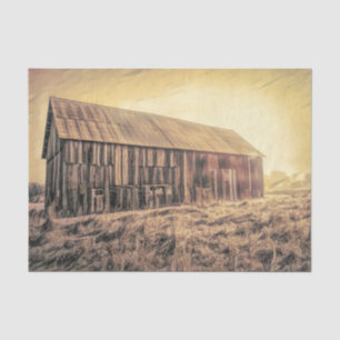 Alte rustikale braune Scheune auf einem Feld Seidenpapier