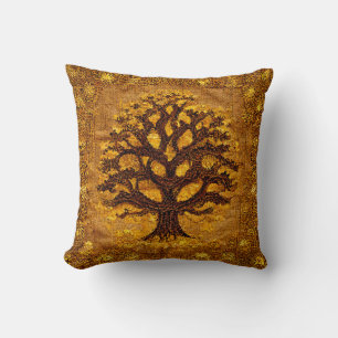 Alte rustikale braune und goldene Baum des Lebens Kissen