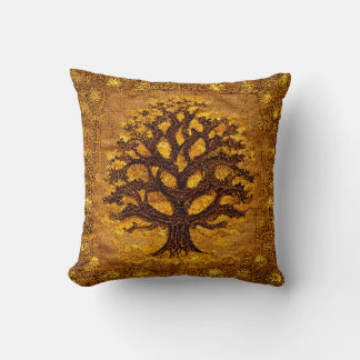 Alte rustikale braune und goldene Baum des Lebens Kissen