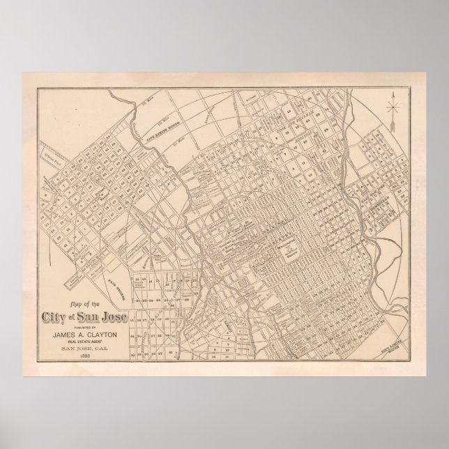 Alte San Jose CA Karte (1888) Poster (Vorne)