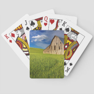 Alte Scheune auf einem Feld mit Sommerweizen Spielkarten