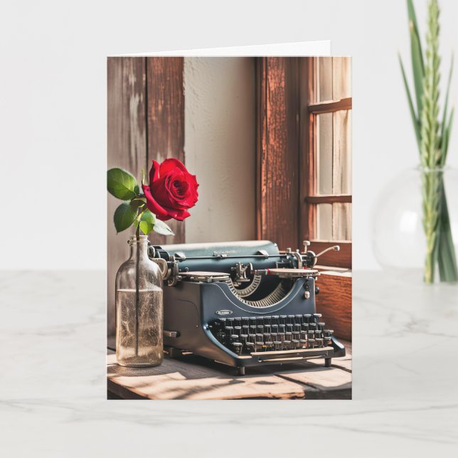 Alte Schreibmaschine und Rose zum Geburtstag Karte (Vorderseite)