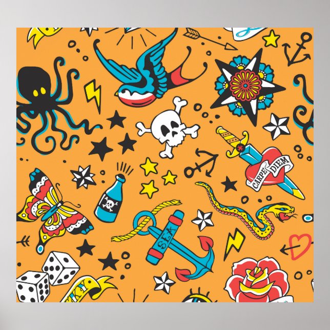 Alte Schule Tattoo: Niedlich nahtlos Poster (Vorne)