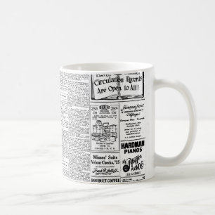 Alte Schwarz-Weiß-Zeitung, vintage Retro-Anzeige Tasse