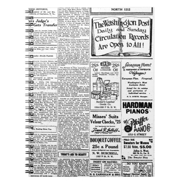 Alte schwarze u. weiße Zeitung, Vintage retro Notizblock (Vorderseite)