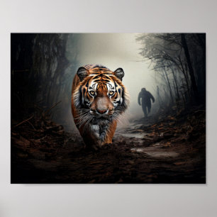 Alte schwarze und orange Tiger surreale Waldlandsc Poster