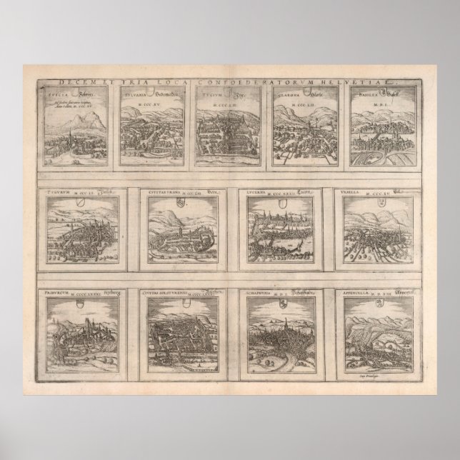 Alte Schweiz Stadt Karte (1575) Poster (Vorne)