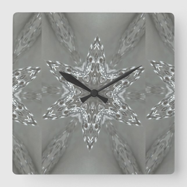 Alte Silber Grau dekorative Kaleidoskopie Star Quadratische Wanduhr (Vorderseite)