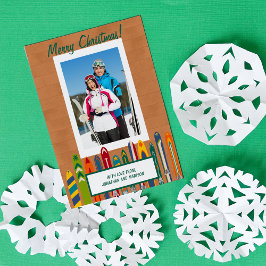 Alte Skier mit individuellem Foto Feiertagskarte