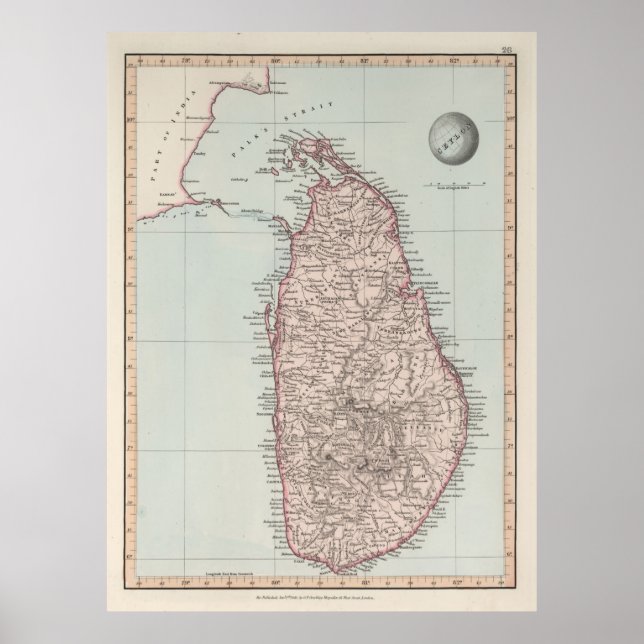 Alte Sri Lanka-Karte (1845) Vintages Ceylon Poster (Vorne)