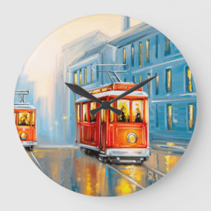 Alte Stadt Straßenbahn Ölmalerei Große Wanduhr