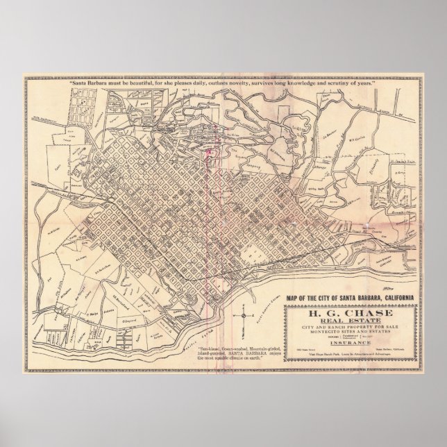 Alte Stadtkarte von Santa Barbara Kalifornien 1930 Poster (Vorne)