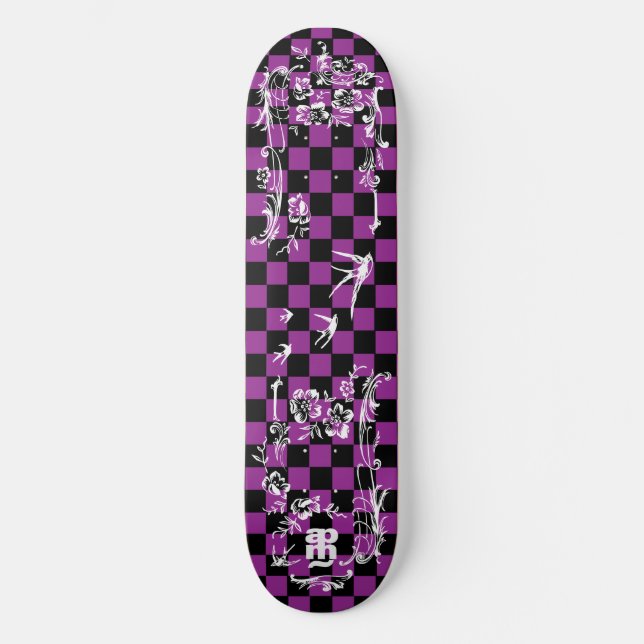 Alte Tätowierung Checkboard - lila u. schwarz Skateboard (Vorderseite)