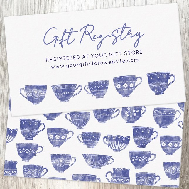 Alte Teetasse Blau Baby Shower Geschenk-Registrier Begleitkarte (Antique vintage teacup tea party themed gift registry enclosure card with blue watercolor art)