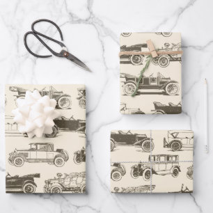 Alte Timer Beige Braun Vintage Car Muster Geschenkpapier Set