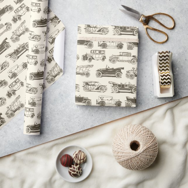 Alte Timer Beige Gold Vintage Car Muster Geschenkpapier (Kunsthandwerk)