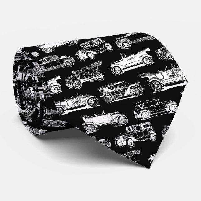 Alte Timer Schwarz-weiß Vintage Car Muster Krawatte (Gerollt)