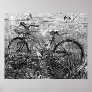 Alte verlassene Fahrradzeichnung, Schwarzweiß Poster