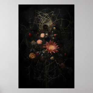 Alte verwelkte Blumen im Spinnennetz-Druck, melanc Poster