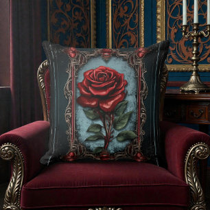 Alte viktorianische Schwärze mit roter Rose Kissen