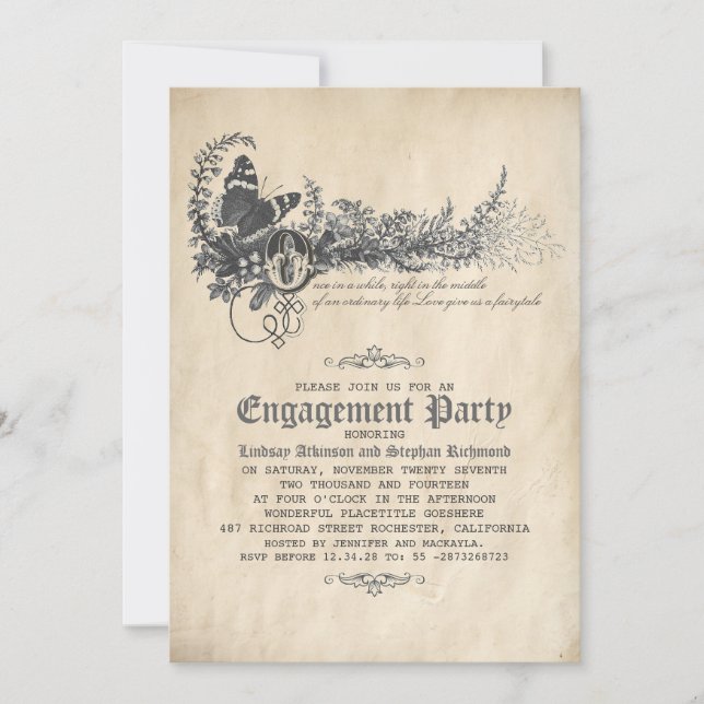Alte Vintage Fairytale Engagement Partei Einladung (Vorderseite)