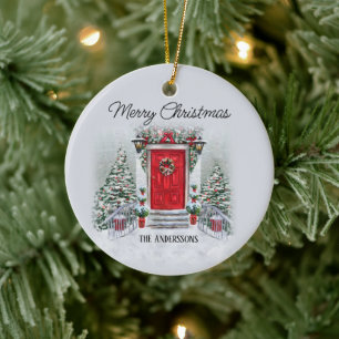Alte Vintage-Rot-Tür-Kranz Merry Christmas Keramik Ornament