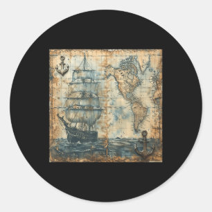 Alte Vintage Seekarte Piratenschiff Segelboot Meer Runder Aufkleber