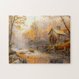 Alte Wassermühle am Fluss im Herbst Puzzle