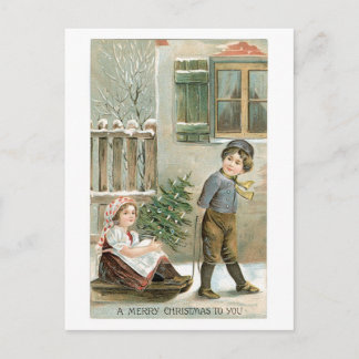 Alte Weihnachten, Junge & Mädchen Feiertagspostkarte