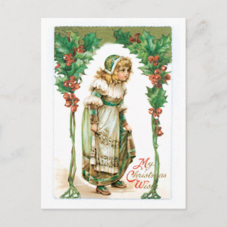 Alte Weihnachten, Mädchen, Holly Feiertagspostkarte
