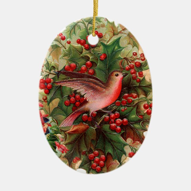 Alte Weihnachten, Robin, Holly Keramik Ornament (Vorne)