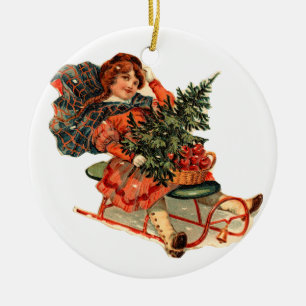 Alte Weihnachten, Rodeln Keramik Ornament