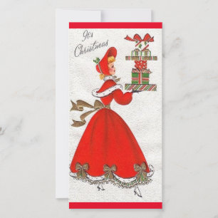 Alte Weihnachtsfrau bringt Geschenke Feiertagskarte