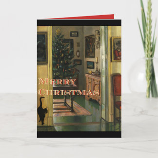 Alte Weihnachtskarte mit schwarzer Katze Feiertagskarte