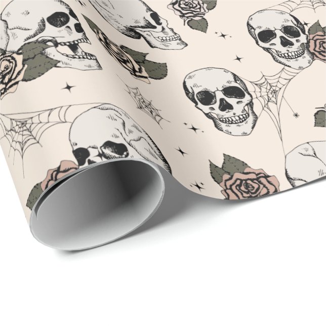 Alte, weiße Gothic-Skulle und Rose Halloween Geschenkpapier (Rolleneckpunkt)