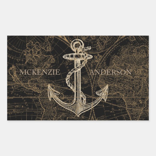 Alte Welt Nautic Anchor Monogram Black Rechteckiger Aufkleber (Vorderseite)