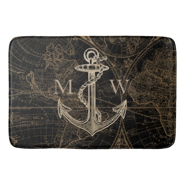 Alte Welt Reise Nautical Anchor Monogram Black Badematte (Vorderseite)