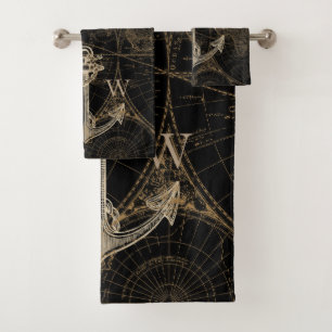 Alte Welt Reise Nautical Anchor Monogram Black Badhandtuch Set