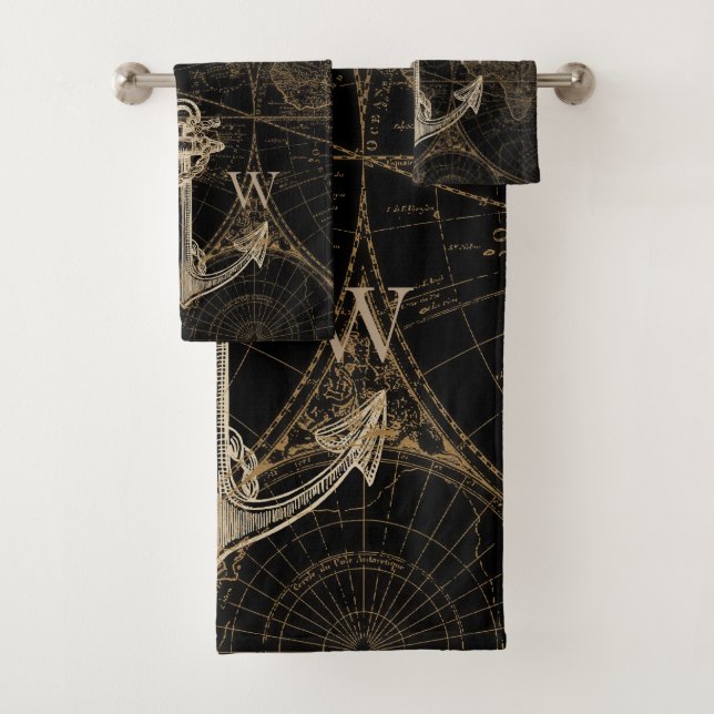 Alte Welt Reise Nautical Anchor Monogram Black Badhandtuch Set (Insitu)