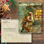 Alte Welt Vater Weihnachten im Schnee mit Geschenk<br><div class="desc">Charmante Viktorianische Weihnachtskarten-Illustration mit der alten Welt Weihnachten geht durch den Schnee und bringt Spielzeuge und einen Baum zu den Kindern in einer gemütlichen Hütte.</div>